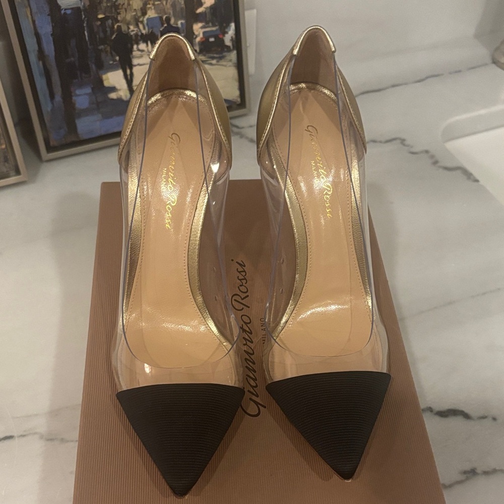 Gianvito Rossi Black and Gold Transparent Heels